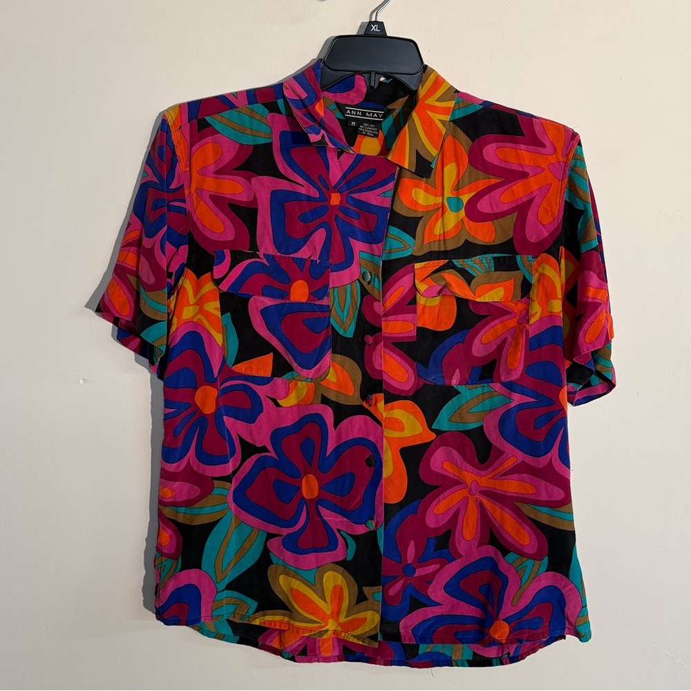 ANN MAY Vintage Women’s 100% Silk Retro Abstract Floral Blouse - Size M